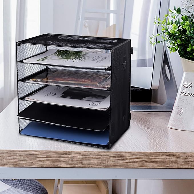 EASEPRES 5 Slot Mesh Desk Organizer Tray, File Paper Letter Folder Holder Desktop Paper Sorter Mail Organization Rack Storage Accessories, for Office Home School Classroom, Black, 2 Pack