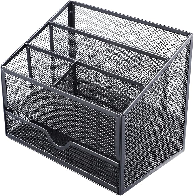 Desk Organiser, Metal Mesh with Removable Drawer, for Office Supplies, Books, Stationery and Desktop Storage, Black