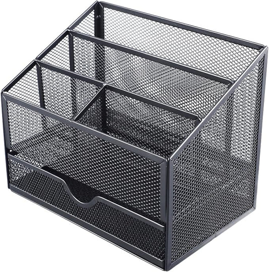 Desk Organiser, Metal Mesh with Removable Drawer, for Office Supplies, Books, Stationery and Desktop Storage, Black