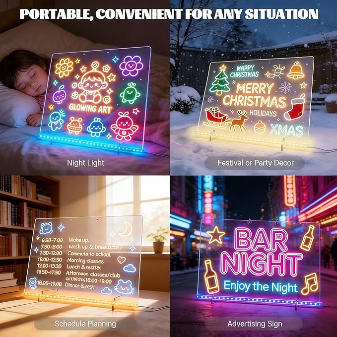 LED Drawing Board, 14x10 Inch Acrylic LED Note Board, Light Up Glow Memo Message Lumiboards, LED Neon Art Magic Pad w/ 7 Markers, Christmas Birthday Gift for Kids Girls Teens