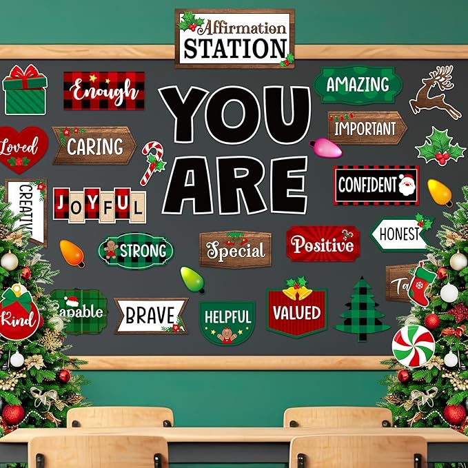 45pcs Christmas Affirmation Station Bulletin Board Set Motivational Posters Classroom Mirror Growth Mindset Decor Positive Affirmations Accents Cutouts for School Office Home Teacher Supply