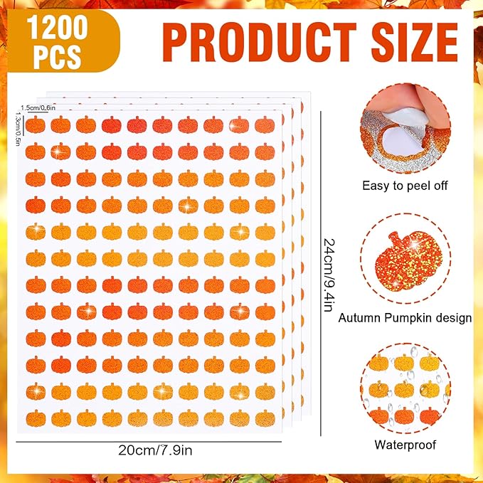 Whaline 1200Pcs Fall Mini Laser Stickers Autumn Pumpkin Self-Adhesive Stickers Thanksgiving Sparkly Label Decals for Craft Scrapbook Envelope Card Teacher Reward, 10 Sheets