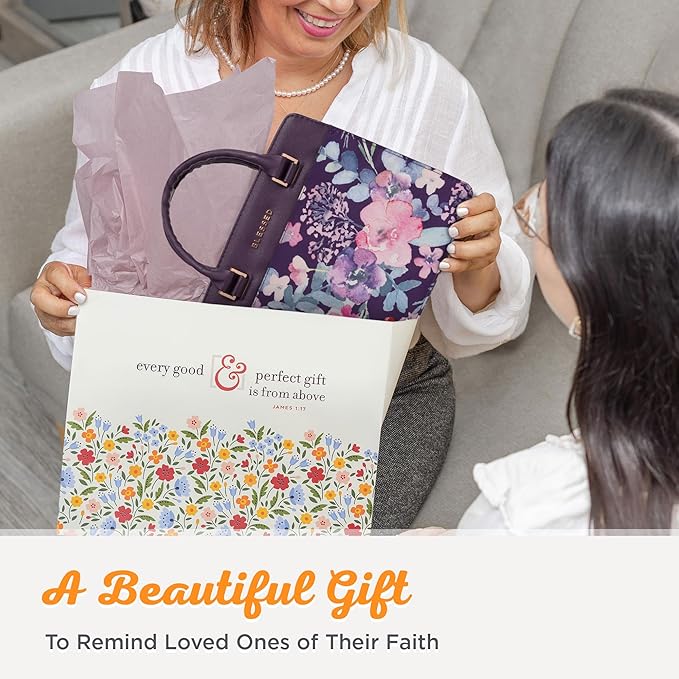 Christian Art Gifts Women's Fashion Bible Cover Purse Style Blessed, Purple Floral Faux Leather, Large