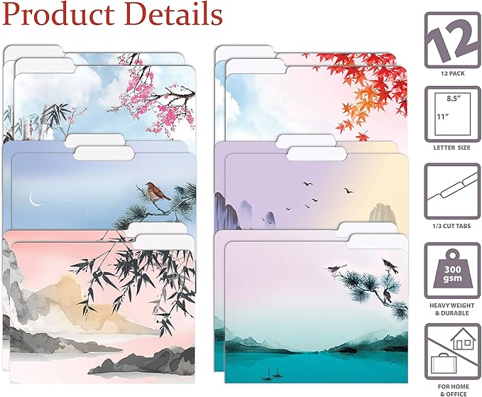 Better Office Products Decorative File Folders, 12 Pack, 6 Unique Designs, Heavyweight, Letter Size (9.5 x 11.5) with 1/3 Cut Tab, Japanese Watercolor Designs, Fashion Folders