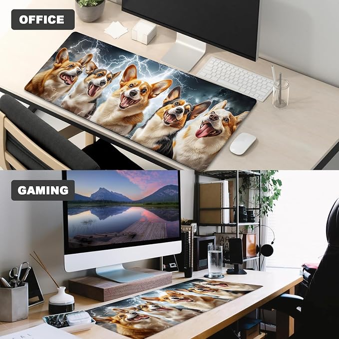 Cute Corgi Gaming Mouse Pad – 12x31.5in Large Extended Desk Mat with Cool Dynamic Lightning Dog Design – Non-Slip Rubber Mousepad for Office Home – Deskmat Gifts for Pet Lovers Decor
