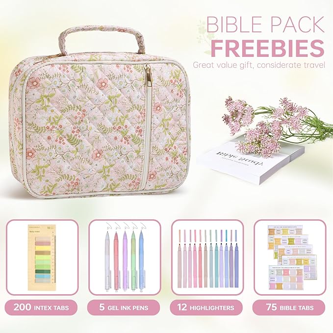 Bible Cover Case for Women Large Bible Cover with Durable Handle Quilted Bible Carrying Case for Girls Bible Study Supplies Accessories (Jungle Flowers, Jungle Flowers)