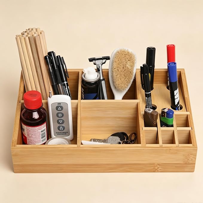 2 Pack Bamboo Art Supply Organizer, Pen Holder Multifunctional Organizer Office Accessory Storage, Desk Organizer for Colored Pencil, Crayon, Paint Brushes, Makeup Organizer