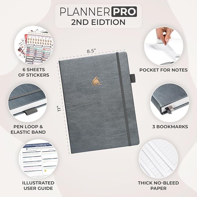 Clever Fox Planner PRO 2nd Edition – Undated Weekly Agenda Planner for Setting Goals, Tasks & Time Management – Life Organizer with To-do Lists & Habit Trackers – Large, 8.5x11″ (Silver Black)