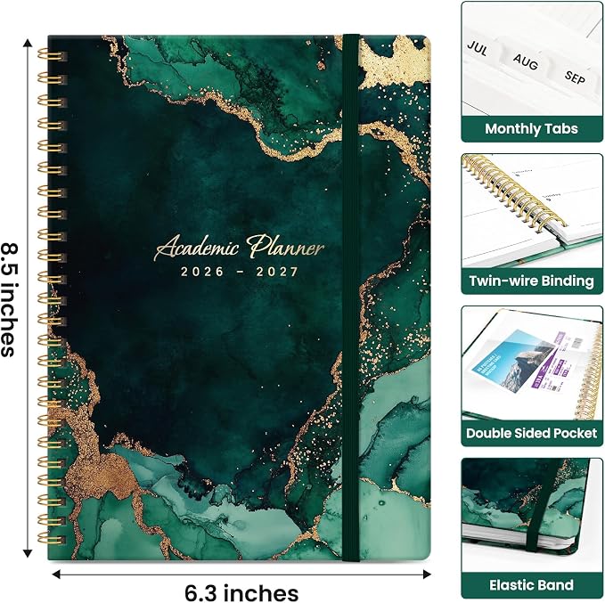 Planner 2026–2027, Academic Year Monthly & Weekly Calendar Book, Jul 2026–Jun 2027, Hardcover Organizer with Tabs, Student & Teacher Planner, 6.3" x 8.5", Emerald Drift
