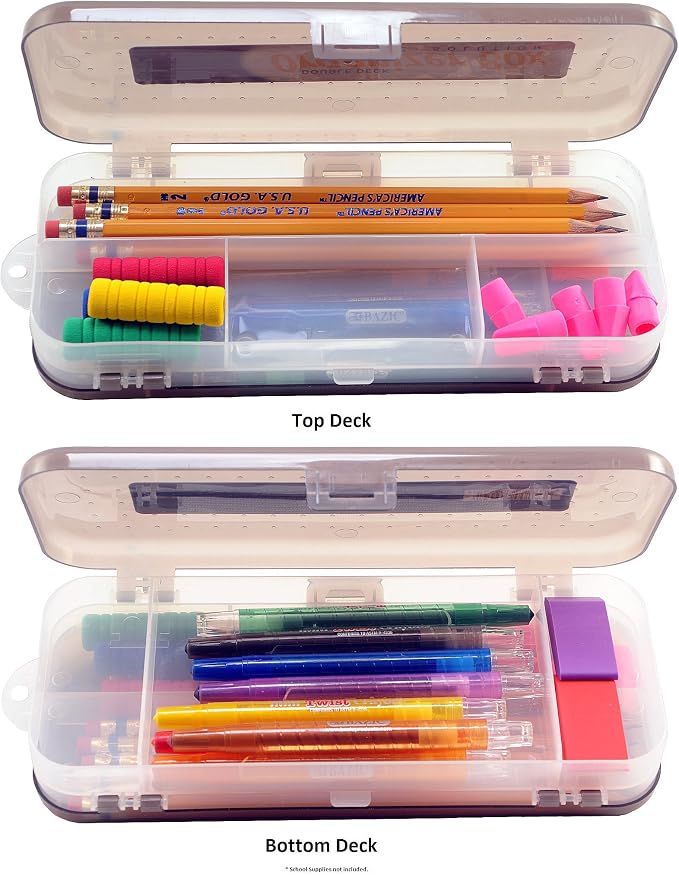 Double Deck Organizer Box, 8.25" x 3.25" x 1.5", 2 Latched Sides - 5 Compartments (2-Pack, Random Color: Black, Red, Blue, White)