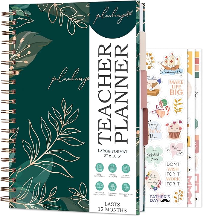 PLANBERRY Teacher Planner – Undated School Year Plan Book for Teachers with Calendars & Lesson Plans – Planner for Classroom Organization & Homeschool – 8”x10.5” Hardcover (Green Pastures)