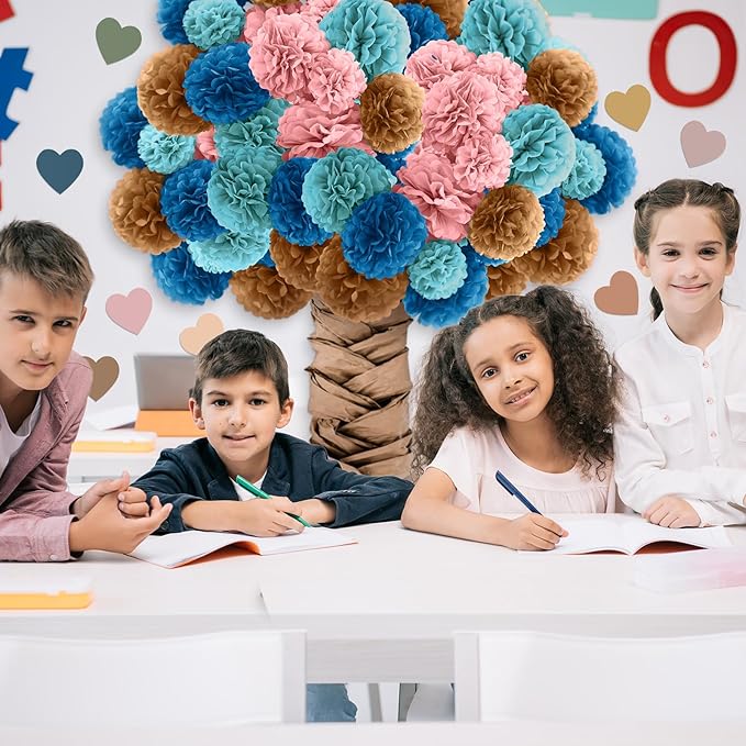 Mooliwe Classroom Tree Bulletin Board Set DIY 3D Cardboard Tree with Paper Pom Poms Kraft Craft Bulletin Board Wall 3D Decorations for School Elementary Teacher Chalkboard(Boho Color,6, 8, 10 Inch)