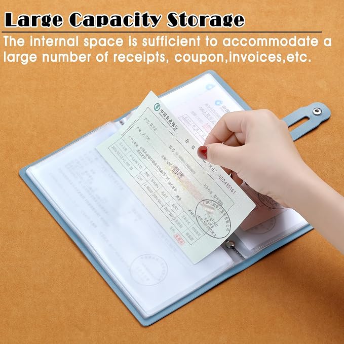 Leather Receipt Organizer, Portable Receipt Holder for Travel, Daily Coupon Organizer with 20 Pockets and 12 Card Slots to Keep Receipts and Coupons Organized, Prevent Loss and Damage (Light Blue)