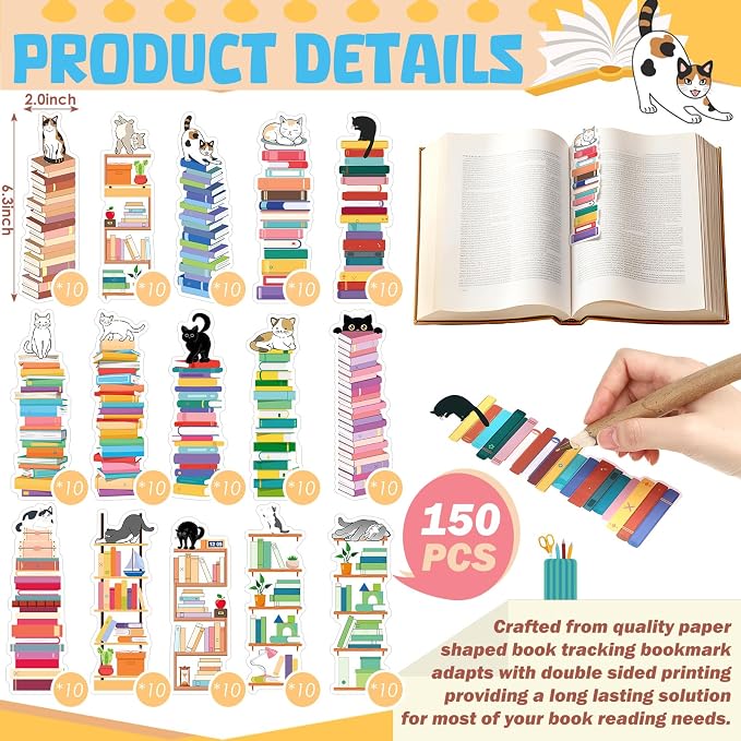 Kolldenn 150 Pcs Book Tracker Bookmarks Bulk 6.3 x 1.97 Inch Bookshelf Love to Read Bookmarks Paper Tracking Double Sided Reading Page Markers for Back to School Reading Lover(Cat)