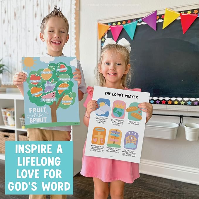 Hadley Designs Sunday School Decorations for Classroom –9 Bible Posters for Kids, Books of the Bible, 10 Commandments, Bible Timeline Chart, Fruits of the Spirit, Rainbow Christian Classroom Decor