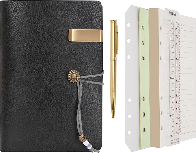 WONDERPOOL Leather Journal Lined Paper Notebook & Pen - Refillable 6 Ring Binder Writing Spiral Diary with Ruled Notepads Vintage Cover for Office Travel Work and Plan Agenda (a-Black, A6)