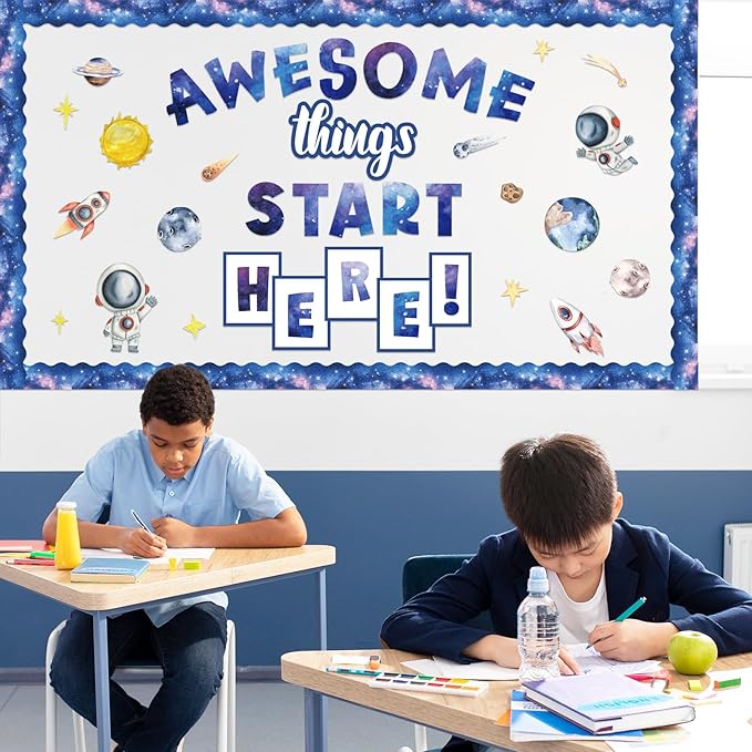 FYSUIMU 52 Pcs Outer Space Bulletin Board Decoration Set Awesome Things Start Here Cutouts Galaxy Astronaut Inspirational Paper Cutting with Glue Points for Back to School Party Classroom Wall