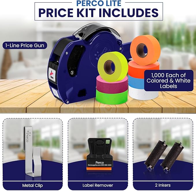 Perco Lite 1 Line Price Gun with Labels Kit - Includes 1 White Roll, 1 Gun Clip, 6 Multicolored Rolls, 2 Ink Rollers, 1 Ink roll and Labels Pre-Loaded