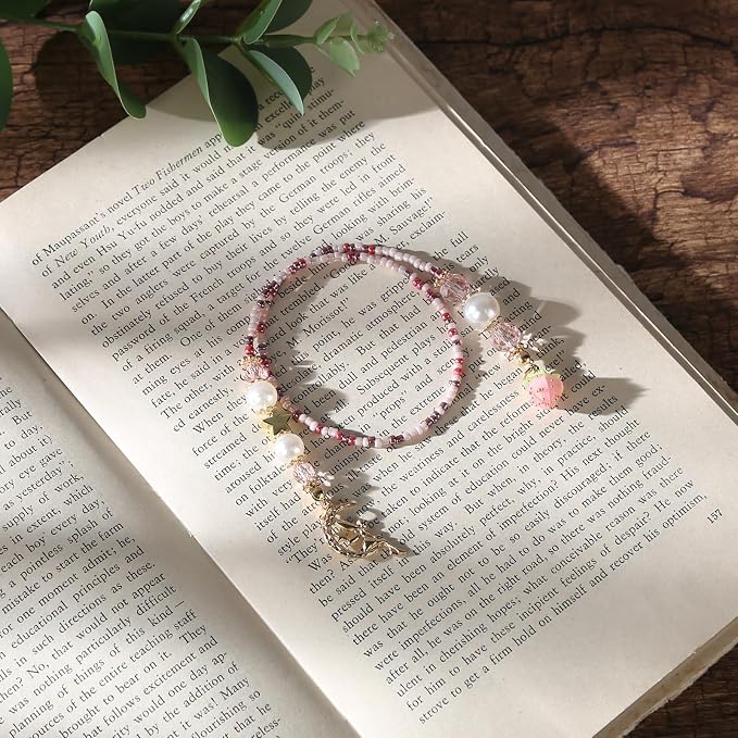 Moon Fairy Strawberry Beaded Bookmark - Pink Gold Beads Book Mark for Women, Unique Whimsical Cottagecore Accessories Bookish Gifts for Booklovers Students Teachers