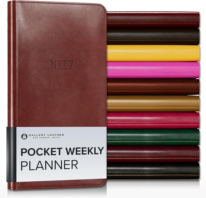 Gallery Leather Pocket Weekly Monthly Planner 2027, Elegantly Bound Calendar Planner and Notebook with Stylish Gold-Gilded Page Edges, 12 Months - Acadia Tan - 6x3.25"