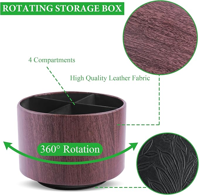 Round Leather Art Supply Organizer,Remote Control Holder,360 Degree Spinning,Multi-Functional Pencil Holder,4 Compartments Desktop Stationary Organizer(1-Thin Wood Dark Brown)