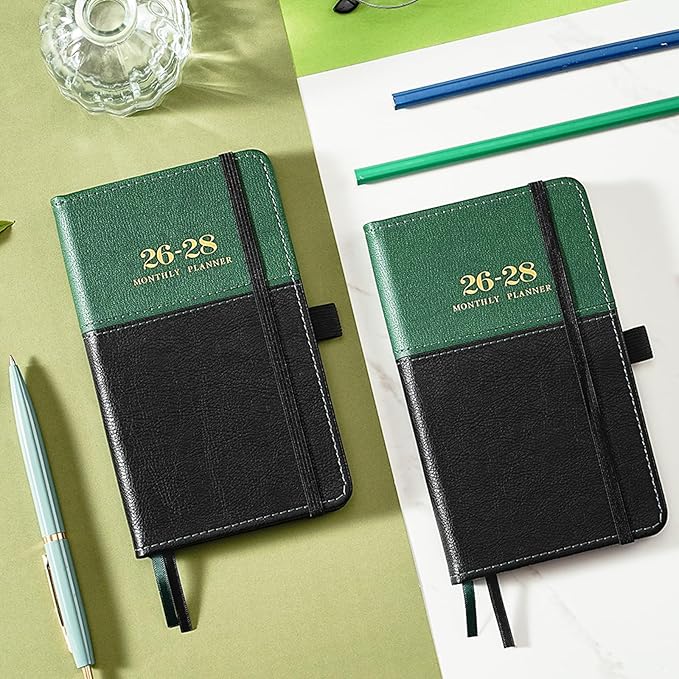 2026-2028 Pocket Calendar/Planner - 3 Year Monthly Pocket Calendar 2026-2028, from January 2026 to December 2028, 6.4" x 3.8", with Elastic Closure, Water Proof Leather - Green