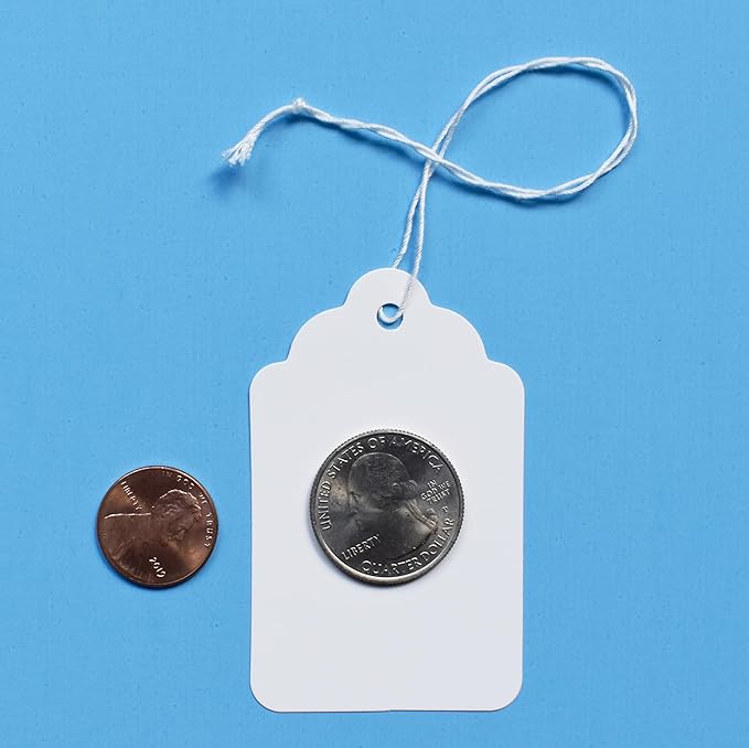500 White Merchandise Tags #8 with String Attached – 2 3/4” x 1 11/16” – Paper Pre-Strung Marking Tags with 6” String for Pricing and Labeling