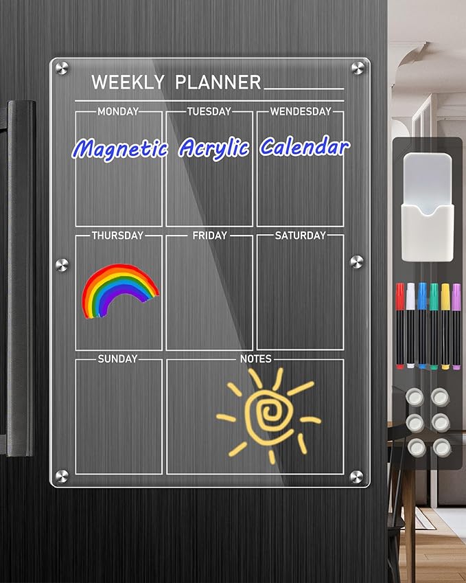 Clear Magnetic Acrylic Calendar for Fridge, bamandan Reusable Magnetic Fridge Calendar Dry Erase Board, 12x16 Inches Weekly Menu Board for Kitchen Fridge Includes 6 Colors Markers