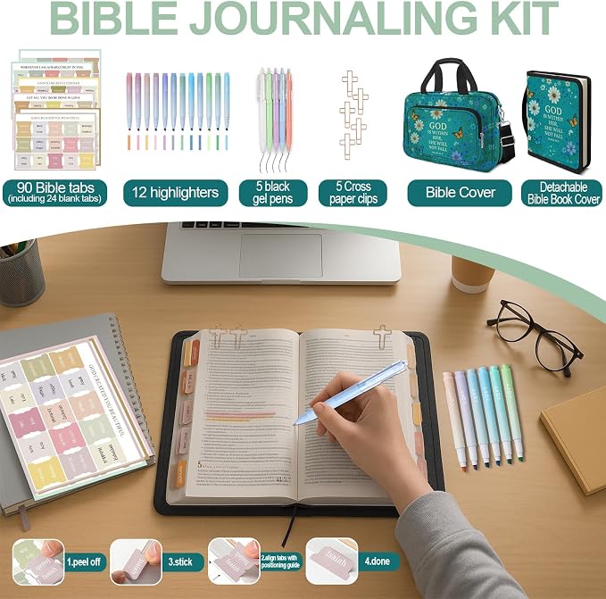 Daisy Bible Cover Case for Women, Vintage Floral Large Bible Bag Carrying Case, Bible Study Supplies Bible Journaling Kit Book Carrying Case with Bible Highlighters Tabs Pens Cross Clips