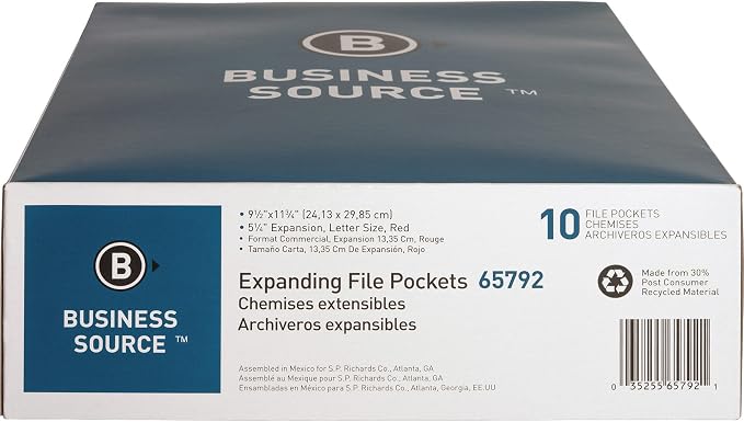 Business Source, BSN65792, Redrope Letter Expanding File Pockets, 10 / Box, Redrope