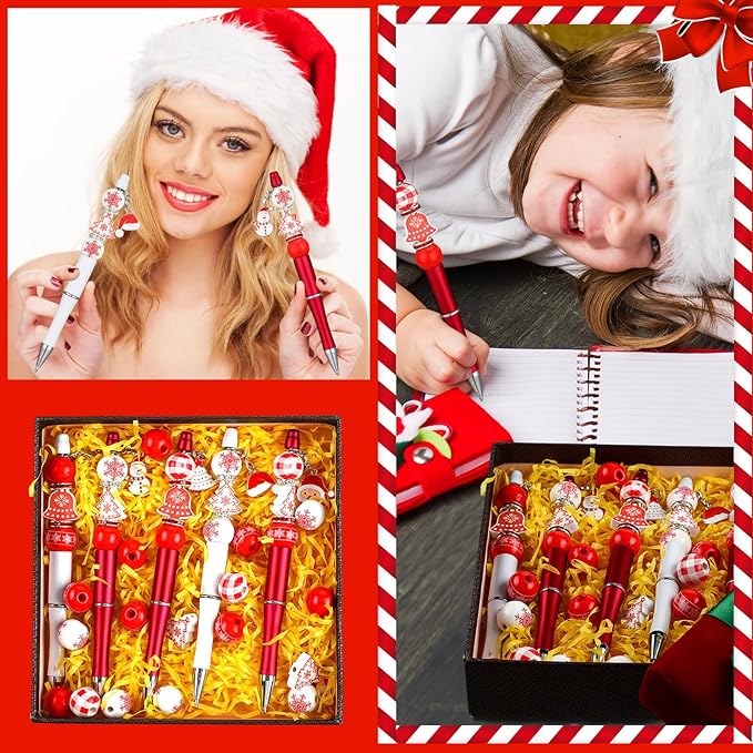 Zhanmai 20 Pcs Christmas Beadable Pens bulk with 100 Assorted Wooden Beads 20 Metal Pendants 40 Spacer Beads 25 Lobster Clasp Plastic Classic red Bead Pens for Student School Office DIY Making Gift