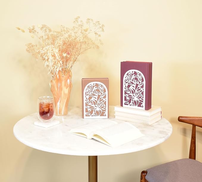 CNK Premium BookEnds - Metal Book Stoppers for Heavy Books, Home Office, Decorative Lily Flower White