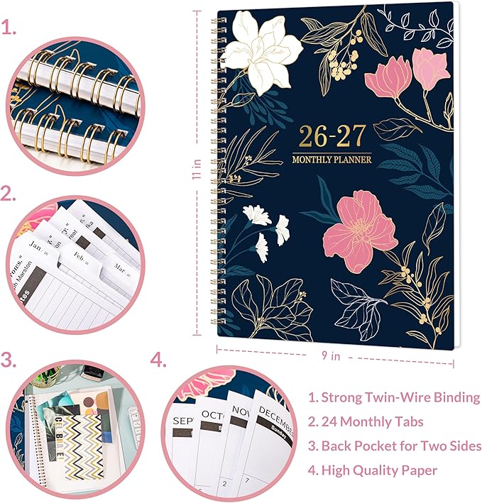 2026-2027 Monthly Planner/Calendar - Jan. 2026 - Dec. 2027, 9" x 11", Calendar Planner 2026-2027, 2 Year Monthly Planner, Tabs, 2-Size Pocket