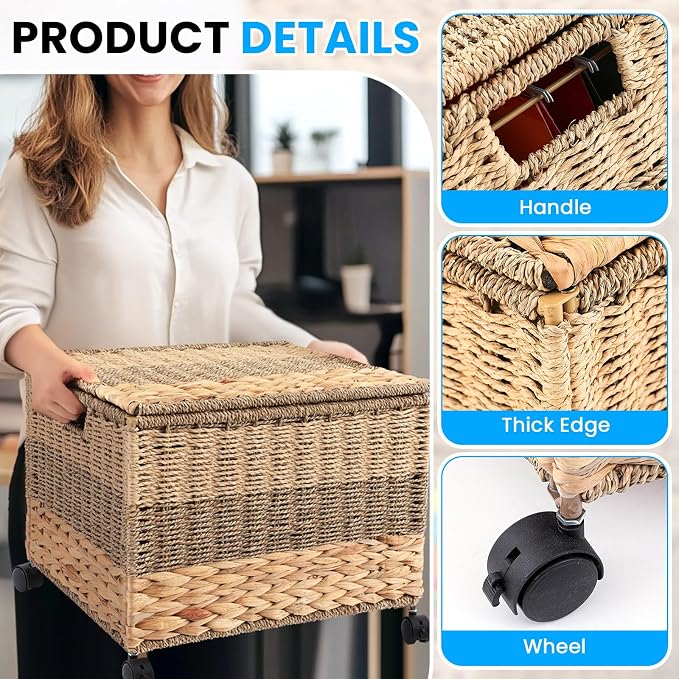 Cinnvoice Decorative Rolling File Cabinet 18 x 16 x 13 in Seagrass Wicker File Box Organizer for Letter & Legal Size Handwoven Hanging Filing Basket with Lid for Folder Home Office Decor Tricolor