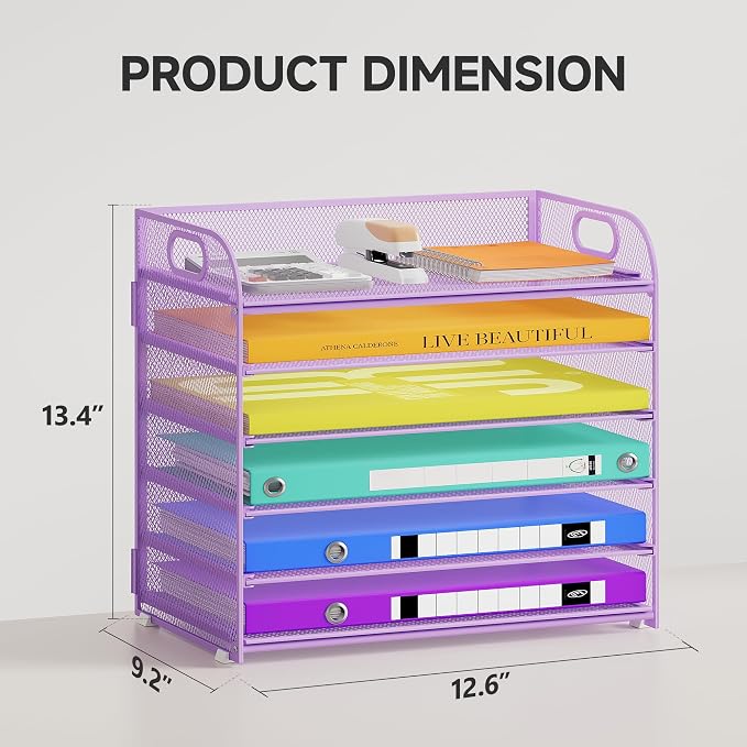 Cawukege 6 Tier Paper Organizer, Purple Letter Tray with Handle, Mesh Desk Organizer, Metal File Organizer, Office Desk Accessories for Home, Office, Classroom, School