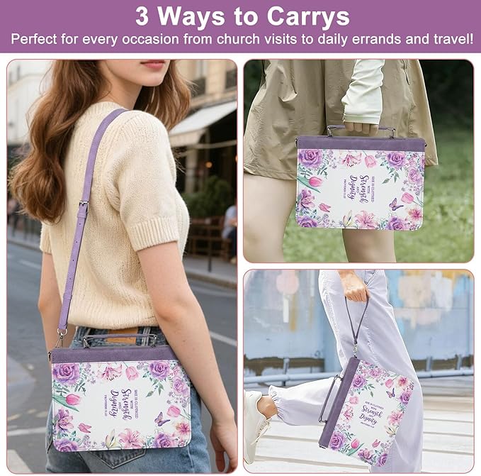 Bible Cover Case for Women PU Leather Bible Bag, Portable Holder Carrying Case with Study Supplies Storage, Christian Church Bag, Bible Journaling Kit Christian Gifts for Women and Girl (Purple)