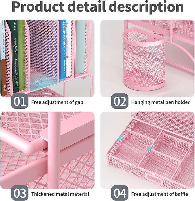 FANXIYQ Metal Desk Organizer with Sliding Drawer, 7-Section File Organizer for Desk, Desktop File Folder & Paper Organizer with 2 Hanging Pen Holders, Office Supplies Organizer, Pink