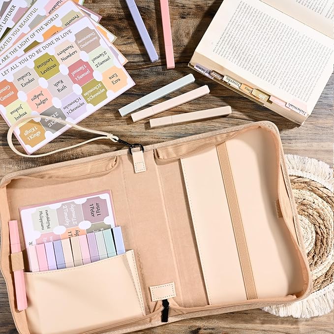 Bible Cover Case for Women Khaki Leather Floral Bible Storage Bag with Highlighters Tabs for Girls Bible Study Supplies Accessories Christian Gifts