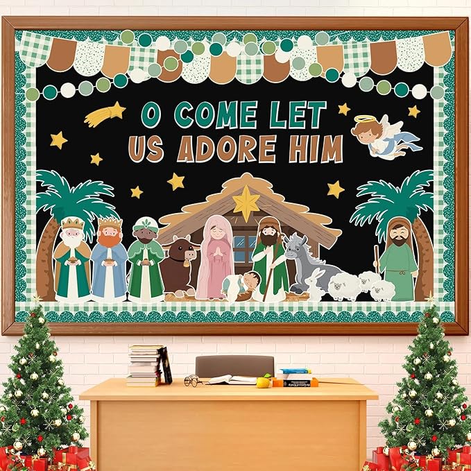 Christmas Nativity Bulletin Board Set Jesus Christian Classroom Decorations O Come Let Us Adore Him Paper Cutouts for Holy Family Xmas Holiday Sunday School Religious Church Decor