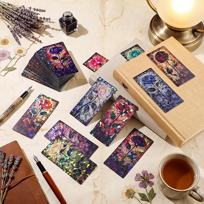 Gersoniel 200pcs Holographic Stained Glass Rose Bookmark Floral Laminated Stained Glass Flower Bookmark Gifts Art Plant Book Mark Page Clips Gifts for Bookish
