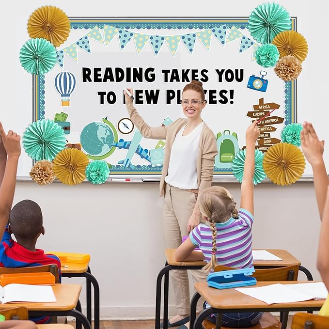 Reading Travel Bulletin Board Decorations with 3D Tissue Paper Flowers Paper Fan Back to School Reading Adventure Begin Classroom Decor Bulletin Board Border Cutouts Set Motivational School Supplies