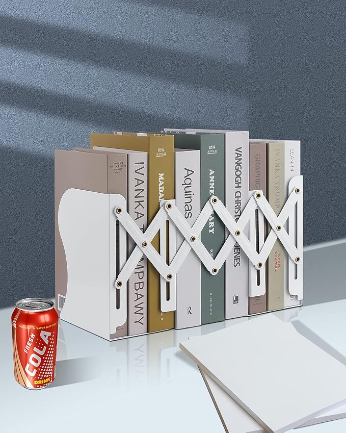 MSDADA Adjustable Bookends, Book Ends for Heavy Books, Expandable Book Organizer for Desk, Shelf, Office, School, for 6 7 8 9 10 11-15 Boys and Girls, Extends up to 19 inches (White)