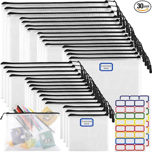30pcs Multisize Mesh Zipper Pouch, YOPCDJ Lego Storage Organizer, 8 Sizes Waterproof Plastic Document Pouch, Bags for Travel Storage, Game, Office Supply and Home Organize