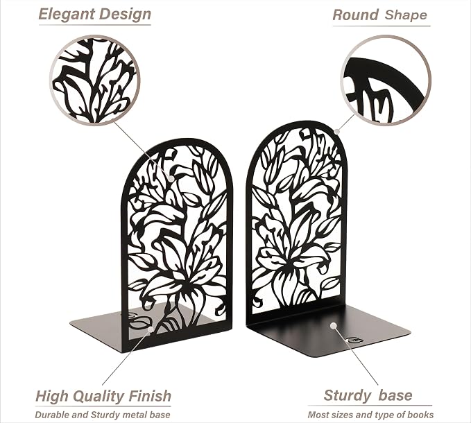 CNK Premium Bookends for Home Office, Heavy Books, Decorative Book Stoppers, Lily Flower Black