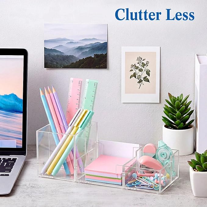 Novabright Magnetic 3-in-1 Clear Acrylic Desk Organizer, 6 Compartment Modular Pen Pencil Holder with Sticky Note Tray, Stationery Caddy & Desktop Storage Organizer for Office Home