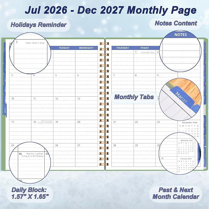 2026 Monthly Planner (7.4'' x 9.6''), 18 Months Agenda Planner from Jul 2026-Dec 2027, Calendar Planner 2026-2027 with Tabs & Pocket, 120GSM Paper, Green
