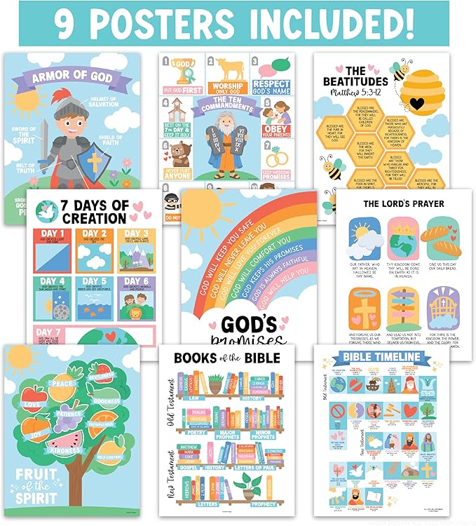 Hadley Designs Sunday School Decorations for Classroom –9 Bible Posters for Kids, Books of the Bible, 10 Commandments, Bible Timeline Chart, Fruits of the Spirit, Rainbow Christian Classroom Decor