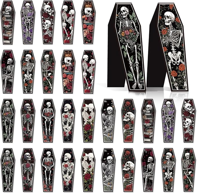 Wxiben Skeleton Coffin Magnetic Bookmark - 30 Pcs Gothic Skull Bookmarks for Book Lovers Skull Horror Book Marks Halloween Magnet Page Marker Clip Gifts for Women Men Students Teacher Reading Bookish
