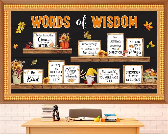 Fall Thanksgiving Bulletin Board Set Bookshelf Words of Wisdom Bulletin Board Boarder Motivational Fall Classroom Decorations Autumn Inspirational Positive Paper Cutout for Classroom Wall Decor