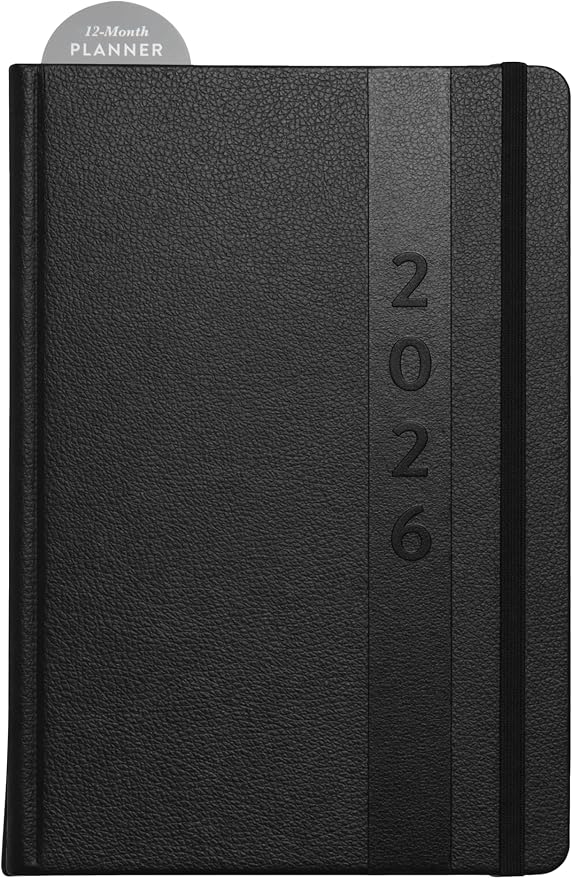 WORLD TRAVELER 2026 Planner - 6x8 Inch Weekly and Monthly Calendar Planner Agenda Book with Bookmark & Ribbon for School and Office, Size 6X8, Black Leather